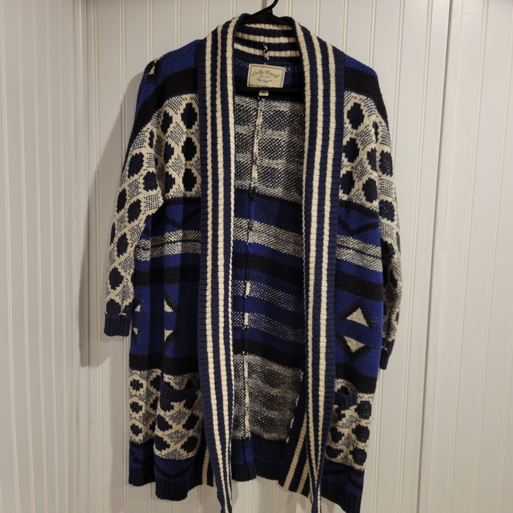 Lucky Brand Blue Cream Tribal Open Sweater Size Medium - Picture 1 of 12